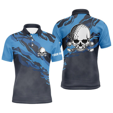 Max Corner Personalized Skull Dark Blue Mens Golf Polo Shirt Scary Golf Shirts For Men Funny Golf Gifts
