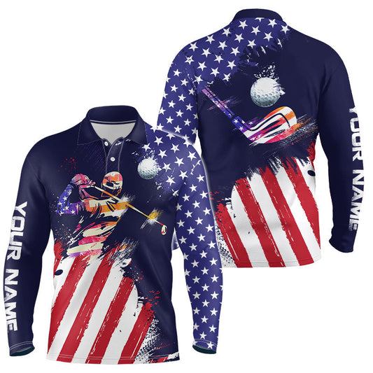 Max Corner Watercolor American Flag Mens Golf Polo Shirts, Personalized Patriotic Golf Shirts For Men