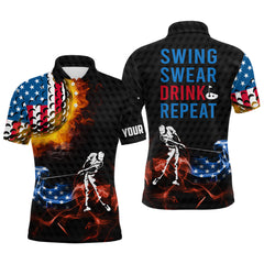 Max Corner American Flag Swing Swear Drink Repeat Golf Customized Name Polo Shirts, Flame Patriotic Golf Shirts For Men