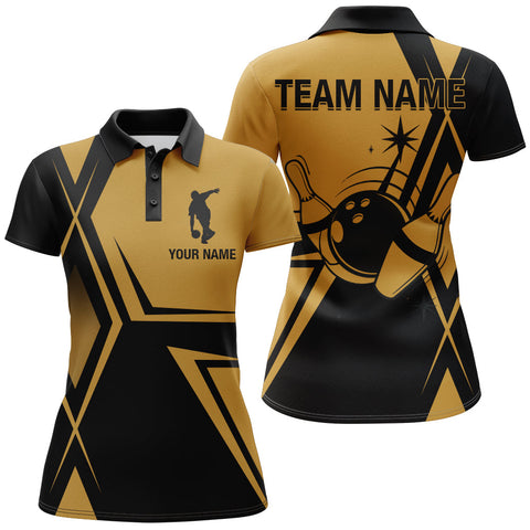 Maxcorners Black & Gold Bowling Vintage Premium Customized Name 3D Shirt For Women