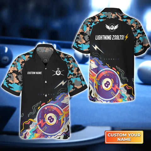 Maxcorners Pool 8 Ball Black Blue Watercolor Billiard Personalized Name Hawaiian Shirt
