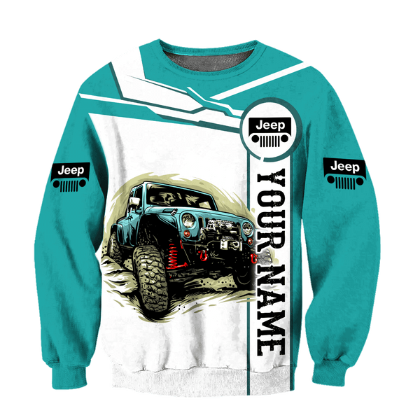Maxcorners Jeep Car 3D Cyan Personalized Name Hoodie