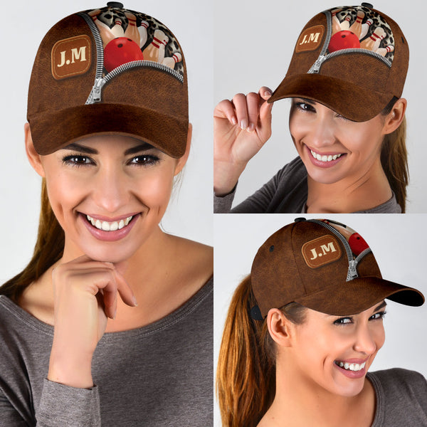 Maxcorners Bowling Zipper Brown Personalized Name 3D Cap