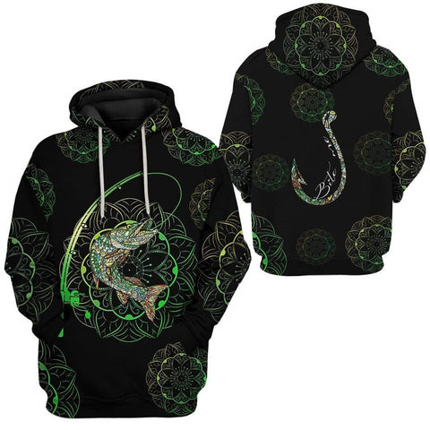 Maxcorners Fish Hook Mandala Pattern Black Green 3D Shirt
