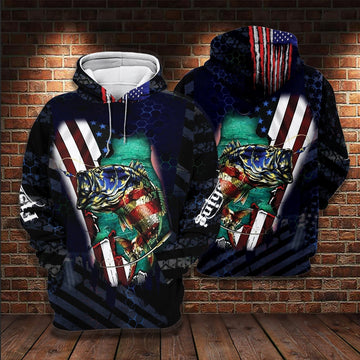 Maxcorners Bass Fishing American Flag Dark Blue 3D Shirt