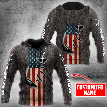 Maxcorners Fishing Hook American Flag Camo Personalized Name 3D Shirt