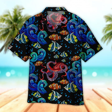 Maxcorners Unisex Octopus Sea Wave Tropical Fishes Hawaiian Shirt