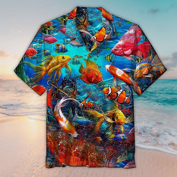 Maxcorners Unisex 3D Sea World Goldfish Hawaiian Shirt